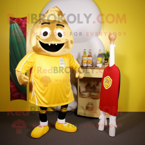 Gold Pepper mascot costume character dressed with a Board Shorts and Cummerbunds