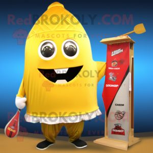 Gold Pepper mascot costume character dressed with a Board Shorts and Cummerbunds