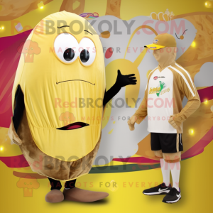 Gold Pepper mascot costume character dressed with a Board Shorts and Cummerbunds