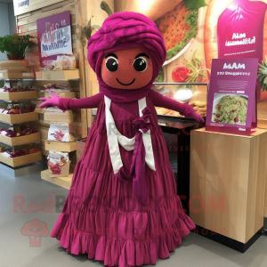 Magenta Falafel mascot costume character dressed with a Maxi Dress and Headbands