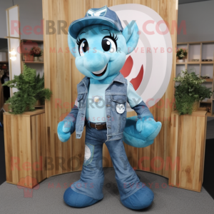 Teal Horseshoe mascot costume character dressed with a Denim Shirt and Scarves