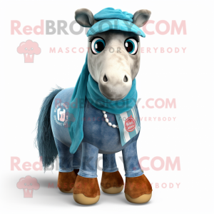 Teal Horseshoe mascot costume character dressed with a Denim Shirt and Scarves