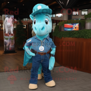 Teal Horseshoe mascot costume character dressed with a Denim Shirt and Scarves