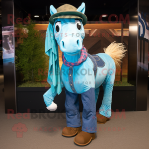 Teal Horseshoe mascot costume character dressed with a Denim Shirt and Scarves
