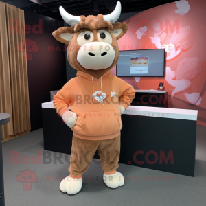Peach Bull mascot costume character dressed with a Sweatshirt and Earrings