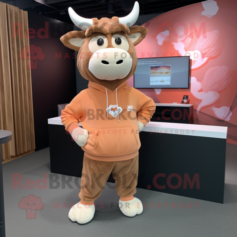 Peach Bull mascot costume character dressed with a Sweatshirt and Earrings Peach Bull mascot costume character dressed with a Sweatshirt and Earrings