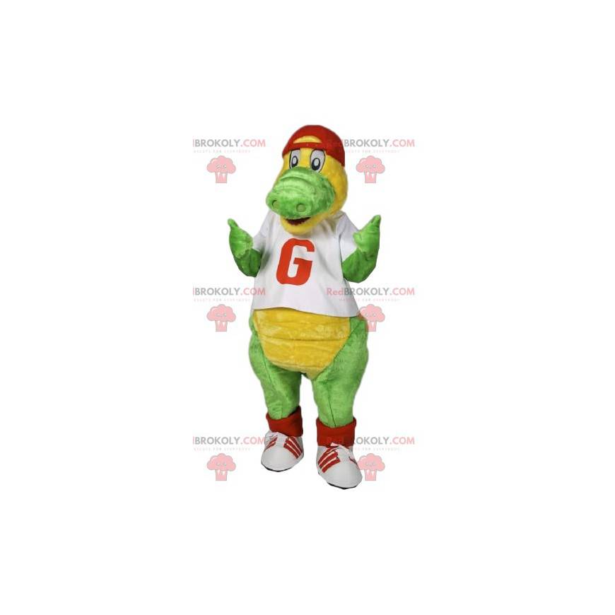 Green dinosaur mascot with a red cap. - Redbrokoly.com