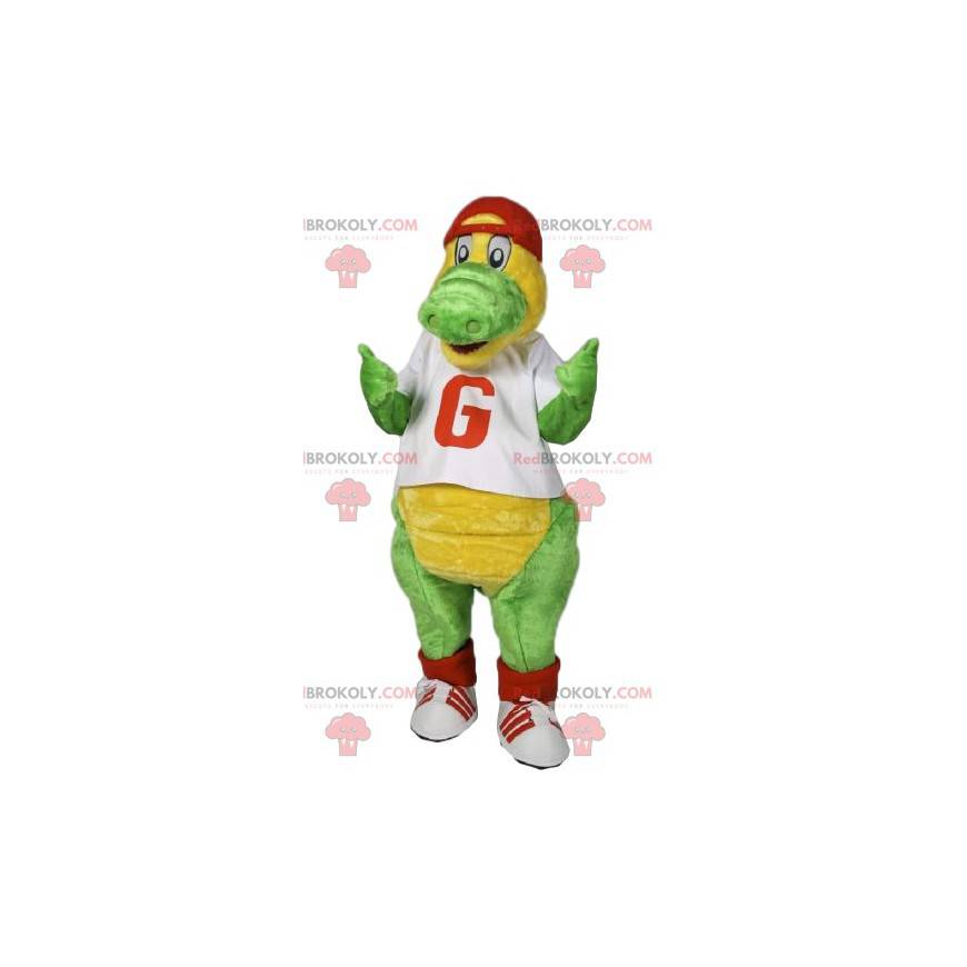 Grön dinosaurie maskot med en röd mössa. - Redbrokoly.com Grön dinosaurie maskot med en röd mössa. - Redbrokoly.com