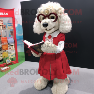 nan Dog mascot costume character dressed with a A-Line Skirt and Reading glasses