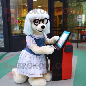 nan Dog mascot costume character dressed with a A-Line Skirt and Reading glasses