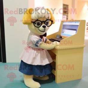 nan Dog mascot costume character dressed with a A-Line Skirt and Reading glasses