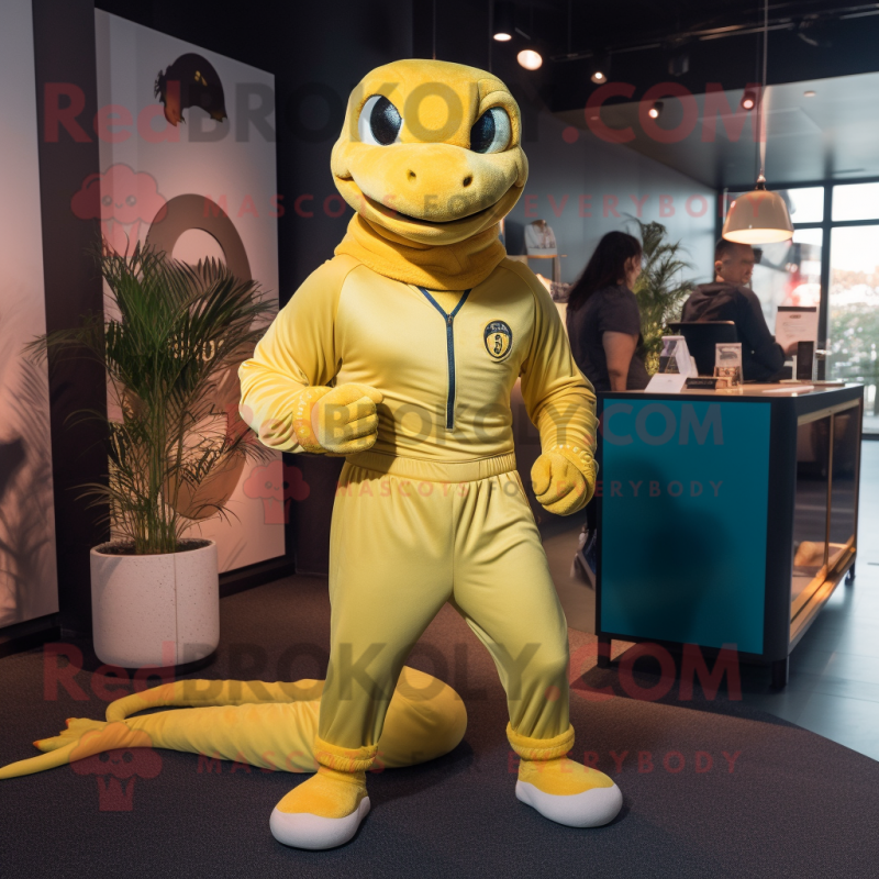 Yellow Anaconda mascot costume character dressed with a Joggers and Brooches Yellow Anaconda mascot costume character dressed with a Joggers and Brooches