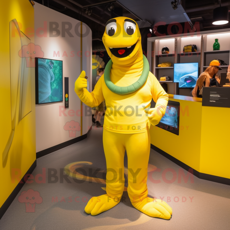 Yellow Anaconda mascot costume character dressed with a Joggers and Brooches
