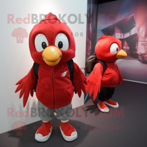 Red Dove mascot costume character dressed with a Hoodie and Backpacks