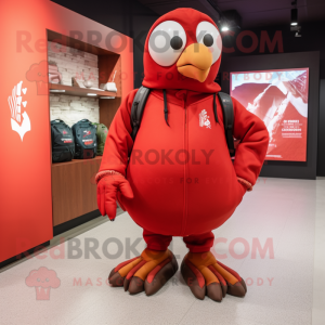 Red Dove mascot costume character dressed with a Hoodie and Backpacks