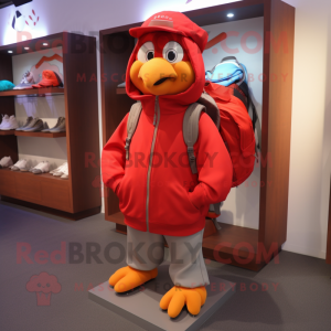Red Dove mascot costume character dressed with a Hoodie and Backpacks