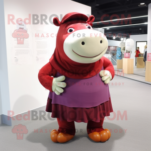 Maroon Hippopotamus mascot costume character dressed with a Mini Skirt and Beanies