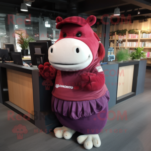 Maroon Hippopotamus mascot costume character dressed with a Mini Skirt and Beanies