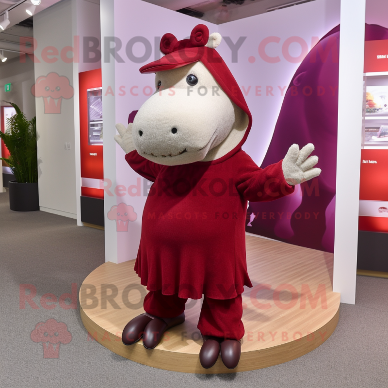 Maroon Hippopotamus mascot costume character dressed with a Mini Skirt and Beanies