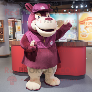 Maroon Hippopotamus mascot costume character dressed with a Mini Skirt and Beanies