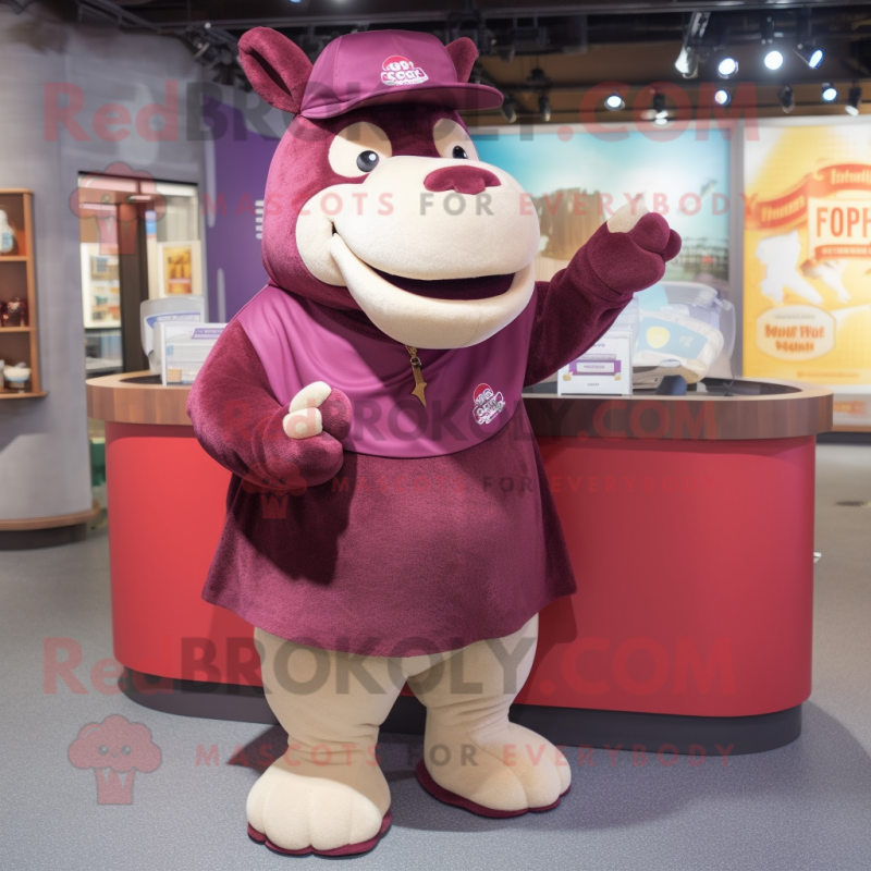 Maroon Hippopotamus mascot costume character dressed with a Mini Skirt and Beanies Maroon Hippopotamus mascot costume character dressed with a Mini Skirt and Beanies