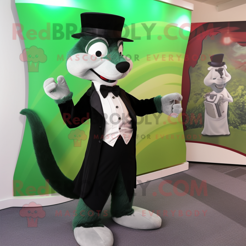 Green Weasel mascot costume character dressed with a Tuxedo and Cummerbunds