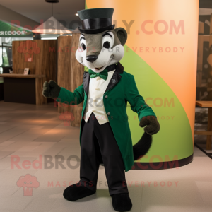 Green Weasel mascot costume character dressed with a Tuxedo and Cummerbunds