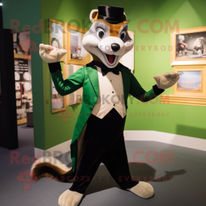 Green Weasel mascot costume character dressed with a Tuxedo and Cummerbunds