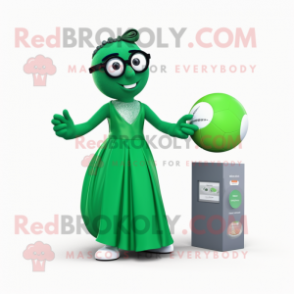 Green Petanque Ball mascot costume character dressed with a Evening Gown and Reading glasses