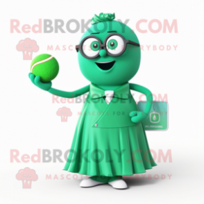 Green Petanque Ball mascot costume character dressed with a Evening Gown and Reading glasses
