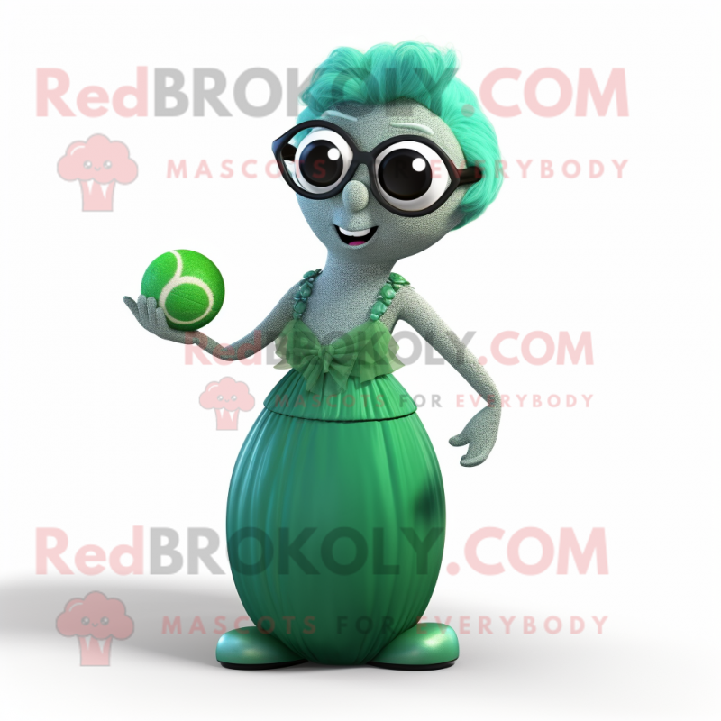 Green Petanque Ball mascot costume character dressed with a Evening Gown and Reading glasses Green Petanque Ball mascot costume character dressed with a Evening Gown and Reading glasses