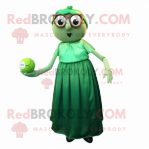 Green Petanque Ball mascot costume character dressed with a Evening Gown and Reading glasses