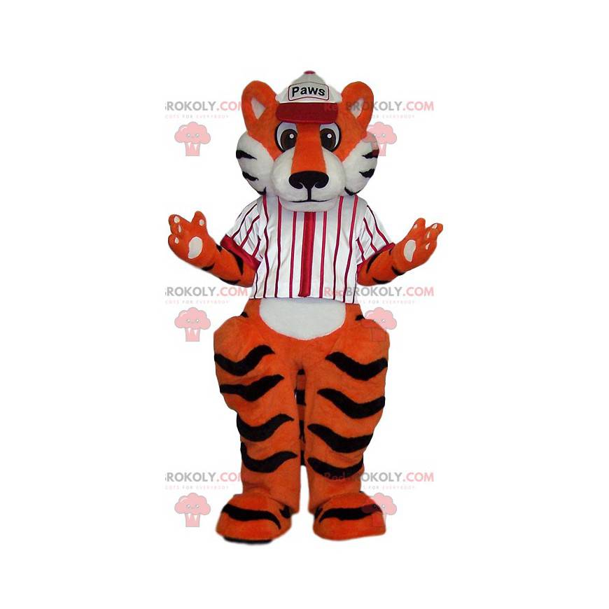 Maskot tygra s bílým baseballovým dresem - Redbrokoly.com