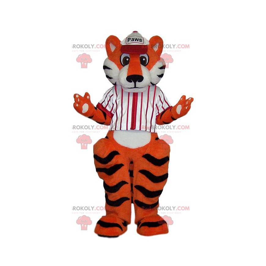 Tiger mascot with a white baseball jersey - Redbrokoly.com