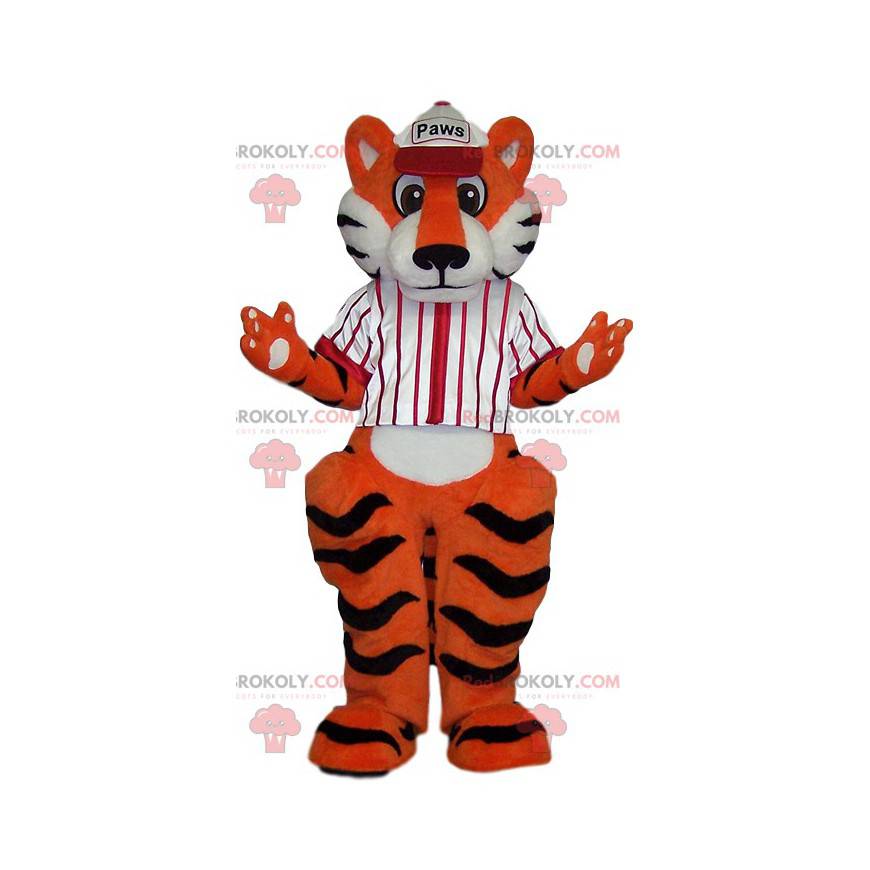 Tiger Maskottchen mit einem weißen Baseballtrikot -