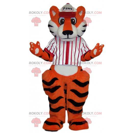 Mascote tigre com uma camisa de beisebol branca - Redbrokoly.com