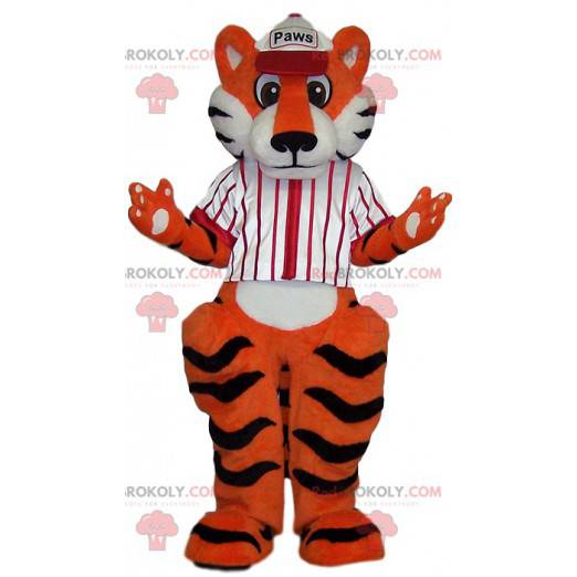Tiger Maskottchen mit einem weißen Baseballtrikot -