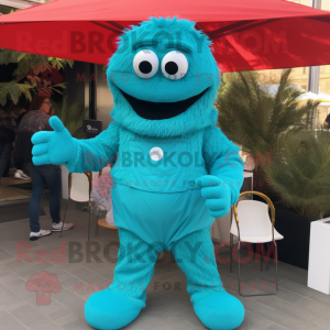 Turquoise Paella mascot costume character dressed with a Jumpsuit and Digital watches