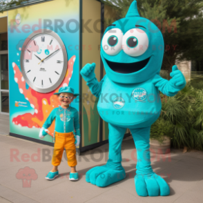 Turquoise Paella mascot costume character dressed with a Jumpsuit and Digital watches