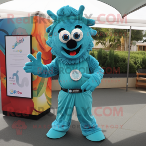 Turquoise Paella mascot costume character dressed with a Jumpsuit and Digital watches