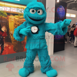 Turquoise Paella mascot costume character dressed with a Jumpsuit and Digital watches