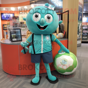 Teal Soccer Ball mascot costume character dressed with a Cargo Shorts and Coin purses