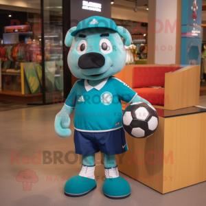 Teal Soccer Ball mascot costume character dressed with a Cargo Shorts and Coin purses