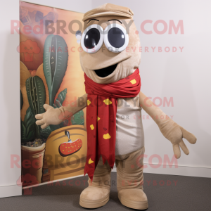Tan Pepper mascot costume character dressed with a Jeans and Scarves