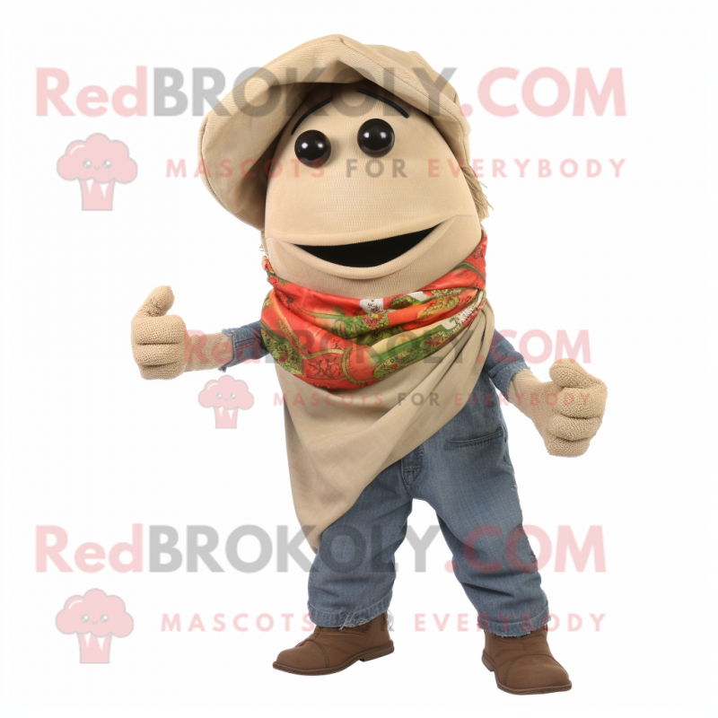 Tan Pepper mascot costume character dressed with a Jeans and Scarves