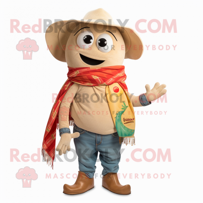 Tan Pepper mascot costume character dressed with a Jeans and Scarves