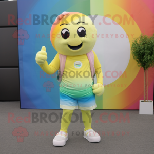 Lemon Yellow Rainbow mascot costume character dressed with a Running Shorts and Pocket squares