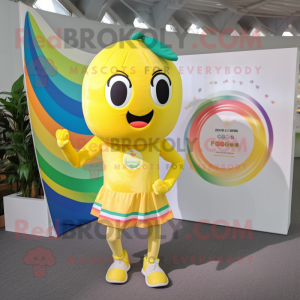 Lemon Yellow Rainbow mascot costume character dressed with a Running Shorts and Pocket squares