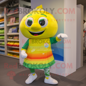 Lemon Yellow Rainbow mascot costume character dressed with a Running Shorts and Pocket squares