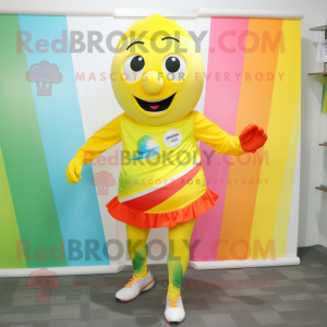 Lemon Yellow Rainbow mascot costume character dressed with a Running Shorts and Pocket squares